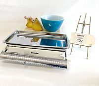 Photo shows all three items: EKS white countertop scale with stainless steel tray, blue Pyrex bowl, and ceramic mice and cheese salt and pepper shakers.