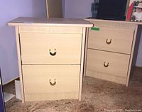Pair of light wood nightstands with two drawers each and brass-toned U-shaped handles, standing on carpet. Both nightstands approximately 20x16x21.5 inches.