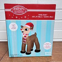 Box front showing Rudolph inflatable product image, branding, and key features - 3.5 ft tall and energy-efficient LED.