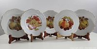 Set of five hand painted Winterling porcelain plates with fruit designs displayed on wooden stands, showing front views and scalloped gold rims.
