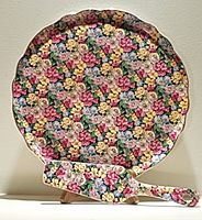 Front view of Old Foley Staffordshire floral cake plate with matching lifter, showing detailed floral pattern and scalloped gold rim.
