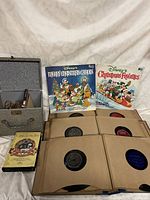 Lot shows two Disney Christmas-themed vinyl albums, multiple other records in sleeves, a gray carrying case and a VHS tape spread out on a fabric backdrop.