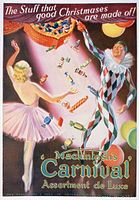 Close-up image of the colorful 1935 Mackintosh's Carnival Assortment Christmas advert showing ballerina and jester figures tossing toffees from a box.