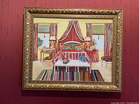 Frontal view of framed bedroom mixed media painting showing detailed bedroom setting with bed, lamps, table, and 3D beading accents.