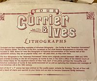 Close-up photo of the descriptive text about Currier & Ives lithographs mentioning the Four Seasons 'American Homestead' series, printed on fine quality paper and created between 1866 and 1870.
