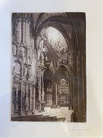Etched charcoal print showing the detailed interior of a gothic architectural space with arches, columns, and stained glass windows.