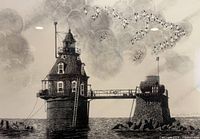 Close-up photo of the signed limited edition print showing Ship John Shoal Light lighthouse, birds in flight, and Tony Florio signature #15/50.