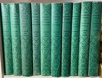 Ten volumes of The Bobbsey Twins series in green cloth covers with embossed spine decorations, including titles and author names.
