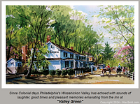 Close-up of watercolor print showing the detailed scene of the Inn at Valley Green and surrounding trees with people on horseback.