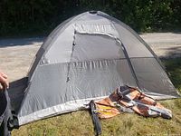 Tent fully set up outdoors on grass, showing front side with door zipped closed and tent fabric details. Foot pump and carrying bag placed on the ground in front.