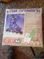 Photo of the original packaging showing the CCM Lazer women's roller blades with product features and image of the inline skates.