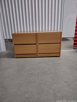 Front view of two matching light brown wooden square nightstands showing two drawers each.