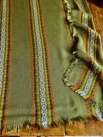 Close-up of fringed edge and detail of woven stripes in olive green, tangerine, chocolate, amber, cream colors.