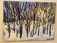 Front view of signed winter woodland forest painting showing layered brushstrokes, colors, artist signature.