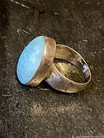 Close-up angled view of the ring showing the size and color of the oval stone and the sterling silver band.