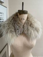 Full view of the long fox fur collar displayed on a dress form, showing the fluffy texture and natural earthy colours.