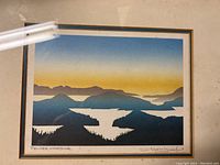 Full view of the framed print showing the impressionist landscape of Prender Harbour in blue and yellow tones with signature and title visible.