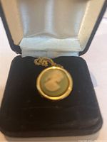 Photo of the closed cameo pendant in a black box focusing on the green and white profile design