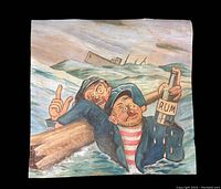 Full view of the vintage painting showing two sailors in rough seas with a sinking ship and a rum bottle.