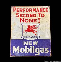 Front view of the vintage Mobilgas metal sign with clear branding, text, and Pegasus logo.
