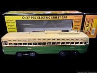 Photo of Rail King O-27 PCC Electric Street Car in green and cream with box behind it showing box text and condition.