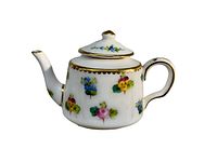Front view of a small white porcelain teapot decorated with colorful floral patterns and gold trim, photographed on white background.
