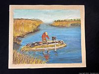 Painting of a man and his dog on a river scene on one side.
