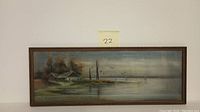 Full view of the framed pastel drawing showing a riverside cottage, dock, and flying birds in muted colors.