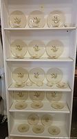 Full view of china set on shelves showing plates, cups, and saucers with cattail design.