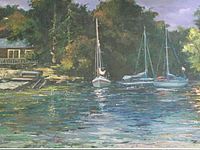 Close-up of the oil painting showing the boats, water, and shoreline details, along with the artist's signature in the lower right corner.