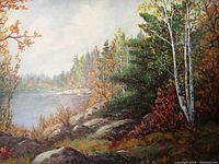 Close-up of the oil painting showing the detailed landscape with trees, rocks, and water.