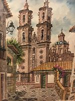 Close-up of the watercolor painting showing the architectural details and signature Alba Taxco.