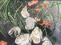 Close-up showing the flower shapes and paint texture, highlighting some surface cracks and brush strokes in the watercolor.