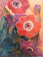 Close-up of watercolor painting with red and purple flowers and abstract leaves.