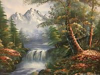 Close-up detail of the thick 3-D brush strokes and landscape composition including waterfall, trees and mountains.