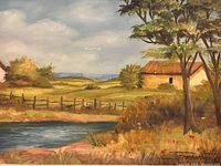 Close-up of the oil painting showing the rural landscape and signature.