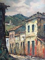 Close-up of the oil painting showing the street scene, buildings with colorful walls and tiled roofs, two figures, lamppost, and mountains in cloudy sky background. Signature 'C. Marcos' visible in lower right.