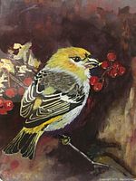 Close-up of the bird painting showing detailed colors and brush strokes of the bird and berries.