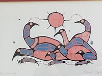 Close-up of lithograph artwork showing four stylized loons, a sun, inked lines and signature.