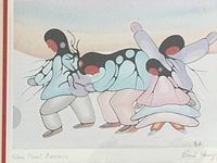 Close-up color image of the lithograph artwork showing four stylized native dancers in pastel colors with red face markings against a soft background, signed and titled on the border.