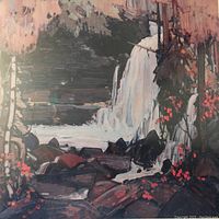 Close-up view of the lithograph showing the waterfall, rocks, and surrounding foliage details.