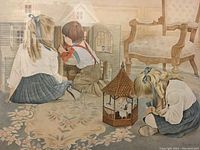 Close-up detail image of the lithograph showing the three children, dollhouse, and birdcage, capturing art details and condition.