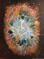Front view of the original acrylic painting depicting a supernova explosion with multi-color abstract imagery on black background, mounted on a board.