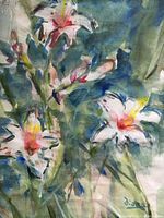 Close-up detail of the painting showing white lilies with pink and yellow centers against blue-green background. Artist signature visible on bottom right.