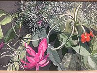 Close-up of the watercolor painting showing detailed botanical elements in pink, green, and red hues with artist signature visible.