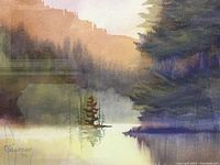 Close-up of the watercolor painting showing the peaceful lake and mountain scene, artist signature visible in bottom left corner.