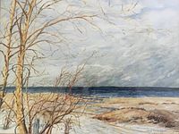 Close-up of the watercolor showing detail of bare trees, sandy beach, and ocean horizon with cloudy sky, colors subdued earth tones.
