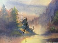 Close-up of the watercolor painting showing the signature 'G Robinson 94' and misty forest landscape.