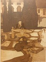 Close-up of the etching artwork showing detailed garden scene with figures and architectural background.