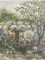 Close up of the hand-colored etching titled "Bosoering (?) Garden" showing detailed garden scene with trees, flowers, and birdbath.